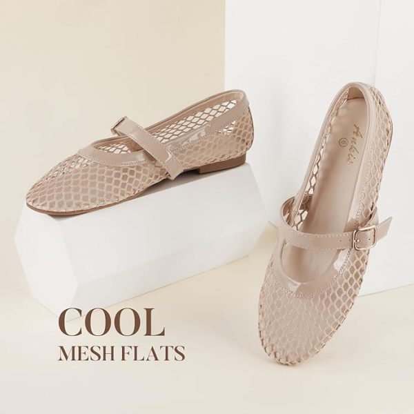 Ankis Mesh Ballet Flats for Women, Black Mesh Flats Buckle Strap Mary Jane Ballerina Flats Women's Fishnet Flat Sandals Shoes for Dressy Summer - Image 2