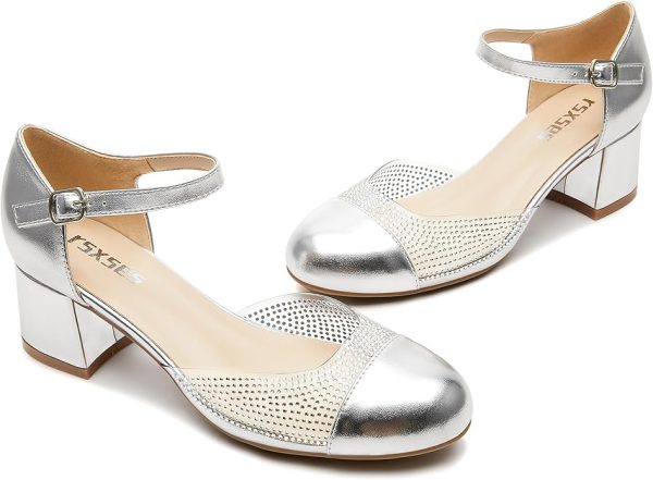 rsxses Closed Toe Low Heels Dress Shoes for Women 2 Inch Chunky Heel Pumps Ankle Strap Patent Leather Rhinestone Wedding Work Party Shoes - Image 2