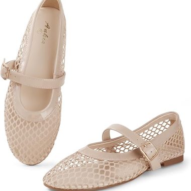Ankis Mesh Ballet Flats for Women, Black Mesh Flats Buckle Strap Mary Jane Ballerina Flats Women's Fishnet Flat Sandals Shoes for Dressy Summer