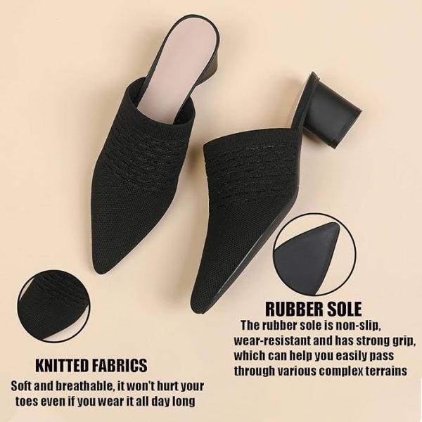 Women’s Knit Mesh Chunky Heel Mules Closed Pointed Toe Backless Slip On Mid Block Heel Dress Slide Sandals Summer Breathable Daily Party Pumps - Image 2