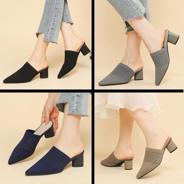 Women’s Knit Mesh Chunky Heel Mules Closed Pointed Toe Backless Slip On Mid Block Heel Dress Slide Sandals Summer Breathable Daily Party Pumps - Image 3