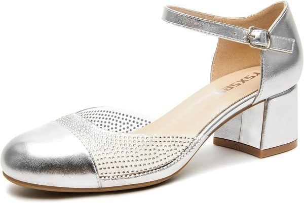 rsxses Closed Toe Low Heels Dress Shoes for Women 2 Inch Chunky Heel Pumps Ankle Strap Patent Leather Rhinestone Wedding Work Party Shoes