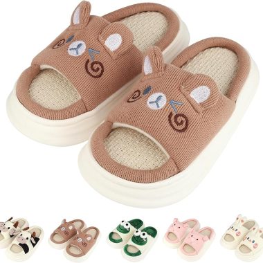 Kids Animal Slippers Boys Girls Warm House Slippers Soft Comfortable Cute Cartoon Cotton Linen Slip on Slides Memory Foam Open Toe Indoor Outdoor Shoes
