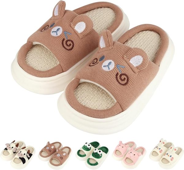Kids Animal Slippers Boys Girls Warm House Slippers Soft Comfortable Cute Cartoon Cotton Linen Slip on Slides Memory Foam Open Toe Indoor Outdoor Shoes